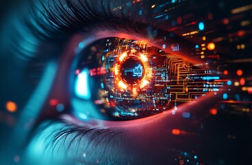 Close up of a futuristic eye with digital data and a key symbol.