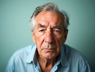 Obraz premium Portrait of senior man expressing seriousness and concern on light background