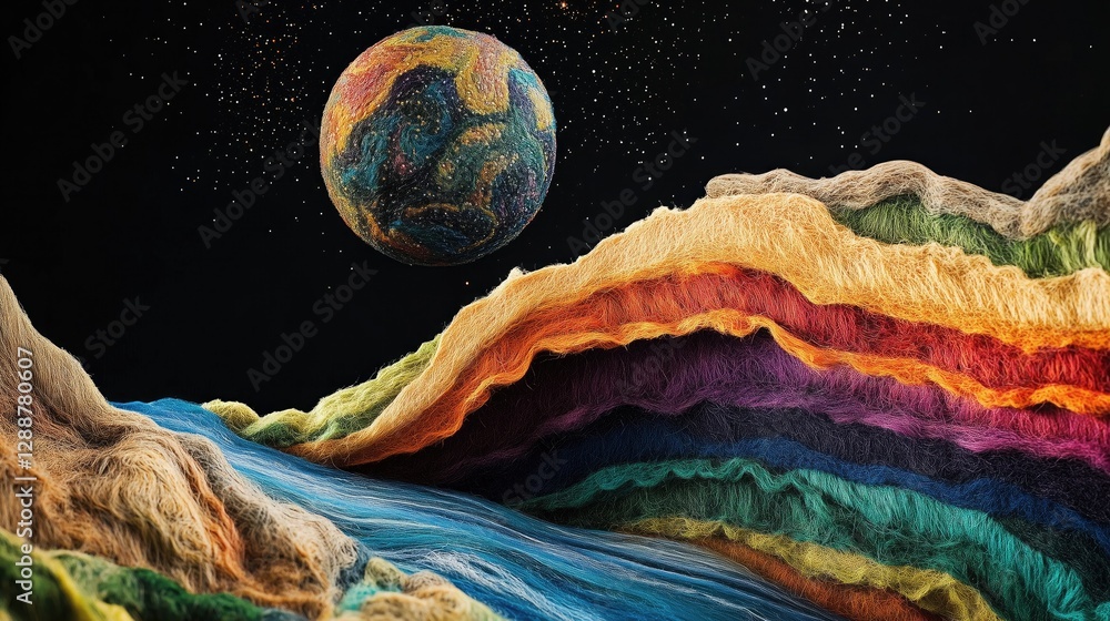 Poster a fantastical scene with a colorful planet floating in space above a terrain of multi - colored, tex