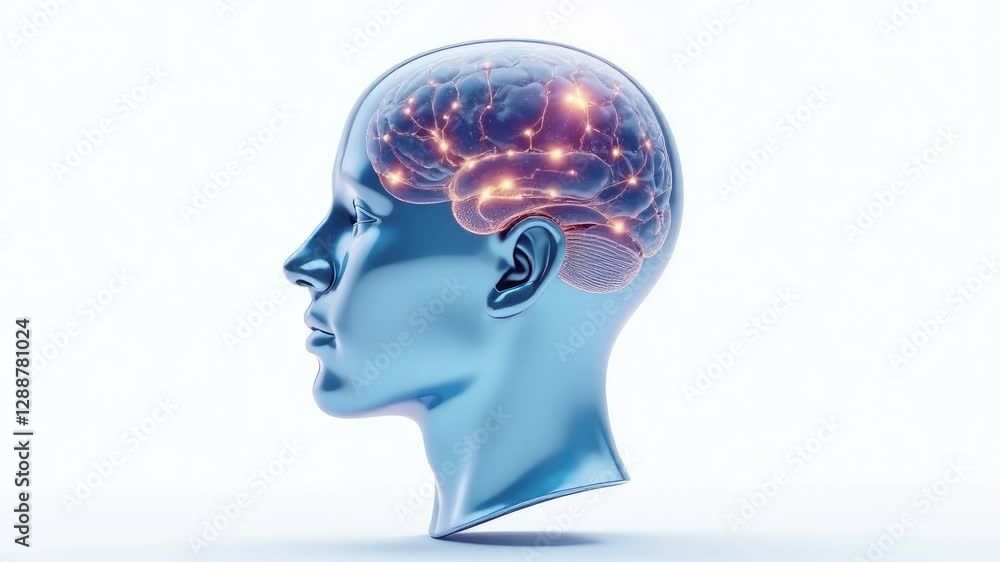 Poster blue 3d glossy figure of human head in profile filled with flashing glowing neural networks, biochem