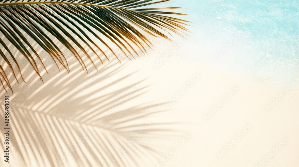 Aufkleber tropical beach background with palm tree leaf casting shadow on white sand and crystal clear turquoi