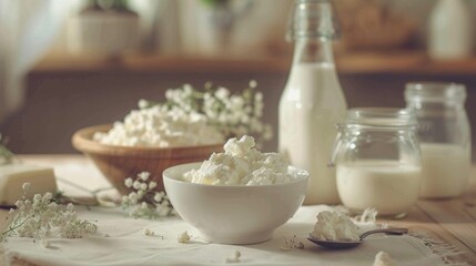 Cozy rustic home dairy scene, great for advertising homemade cheeses or cooking recipes.