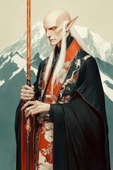 Fototapeta premium Majestic Elf in Traditional Garb with Mountain Background