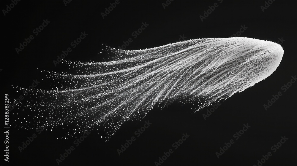 Aufkleber a dynamic, white, particle - like formation resembling a flowing shape against a solid black backgro