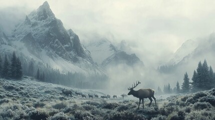 Majestic Elk Roaming Through Frosty Mountain Landscape Under Misty Skies in Winter Wonder with Snow-Capped Peaks