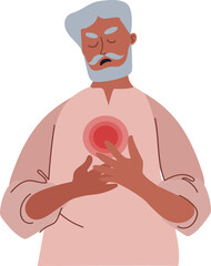 png indian man Heart Attack. Senior Woman with pain in chest. Sick person heart disease. artery blocked with high cholesterol level.Vector cartoon flat  Illustration isolated on transparent background