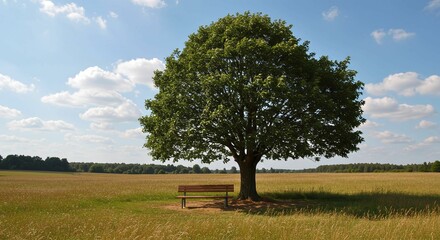 a bench under a tree in a field