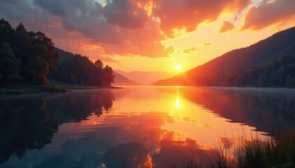Fototapeta premium Golden hour light paints lake, sky ablaze with sunrise hues, picturesque, amazing, serene