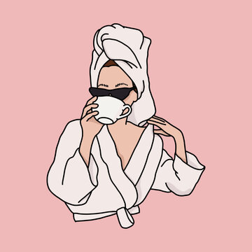 Vector Illustration of a Woman on a Robe Wearing Sunglasses Having Coffee