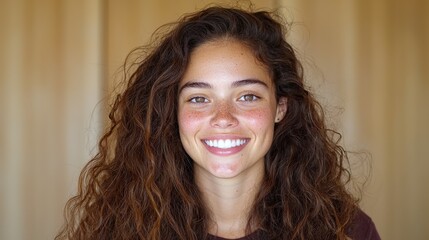 Young woman smiling indoor, portrait, friendly face, natural light, possible use for social media or website