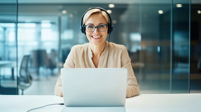 A smiling woman wearing headphones and glasses sits in front of a laptop in a modern office space with glass walls, suggesting a work - related video call or online communication scenario.