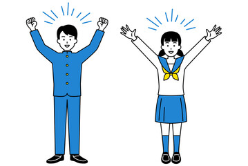 バンザイで喜ぶ男子学生（全身）