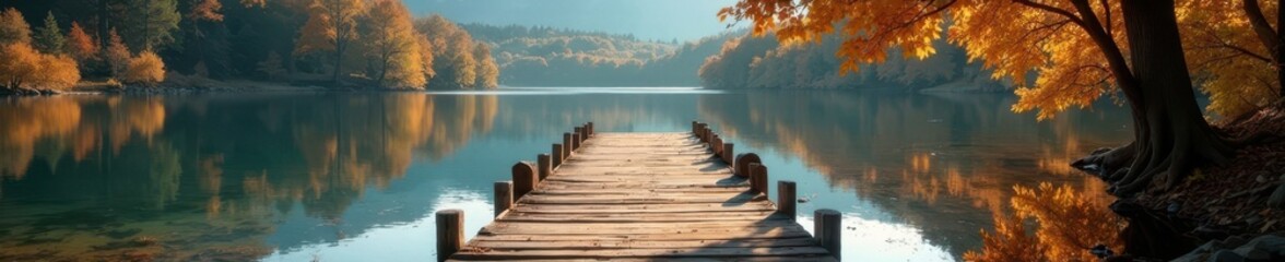 Obraz premium Rustic wooden pier extends over tranquil autumn lake , horizon, sky