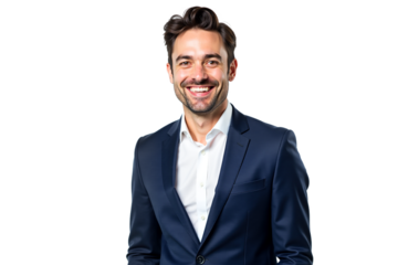 Professional businessman in suit smiling. Ideal for corporate website, business profile, presentation, marketing. Isolated on transparent background.