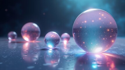 Obraz premium Translucent spheres filled with shimmering liquid levitate in a vast void, reflecting soft pulses of multicolored light, suspended in timeless weightlessness.