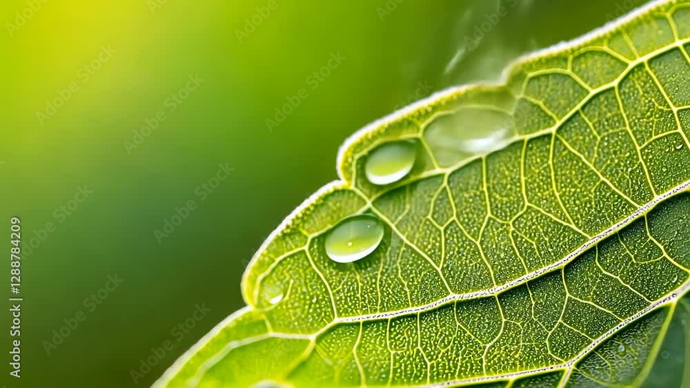 Poster close-up of dew drops on a green leaf showing intricate vein patterns and vibrant textures in mornin