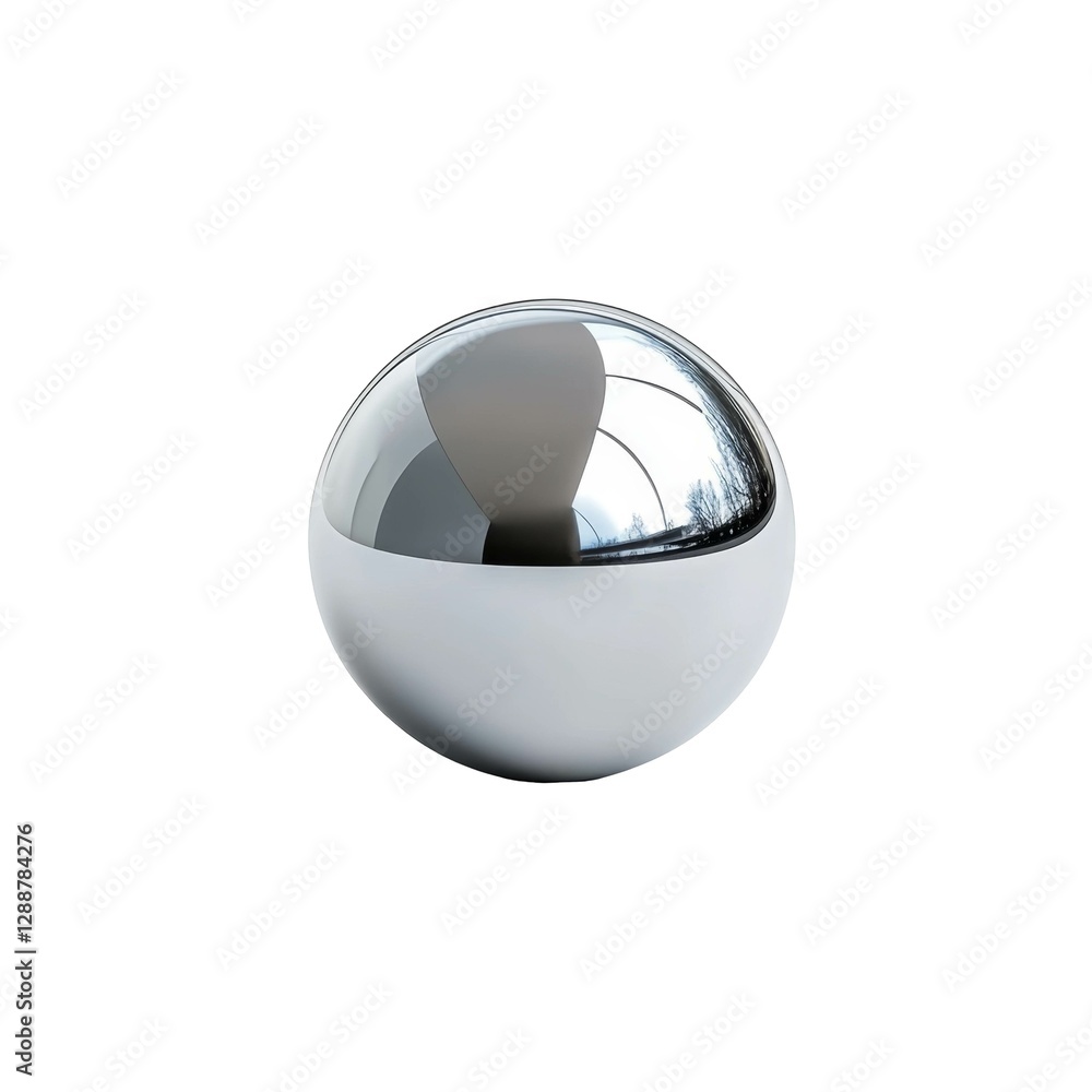 Poster shiny metal sphere with reflective surface displaying distorted images and bright highlights