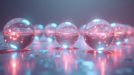 Translucent spheres filled with shimmering liquid levitate in a vast void, reflecting soft pulses of multicolored light, suspended in timeless weightlessness.