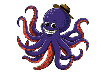 Happy Kawaii Octopus Character Vector: Smile, Hat, Tentacles More