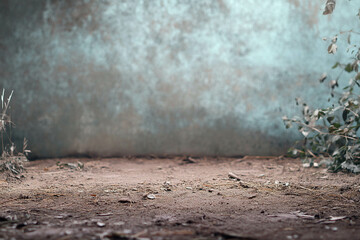 Obraz premium A textured background with a faded blue wall and a dirt floor scattered with leaves and small debris, creating a rustic and natural atmosphere.