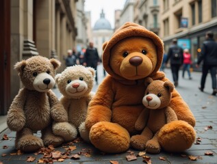 Four teddy bears sitting on a cobblestone street in autumn