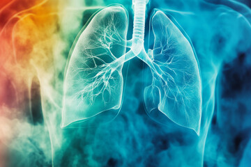A detailed illustration of human lungs, showcasing the bronchial tree and alveoli. The image is artistically rendered with vibrant colors, creating a visually striking representation