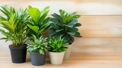 Obraz premium Assorted Indoor Potted Plants on Wood, Interior ,Greenery