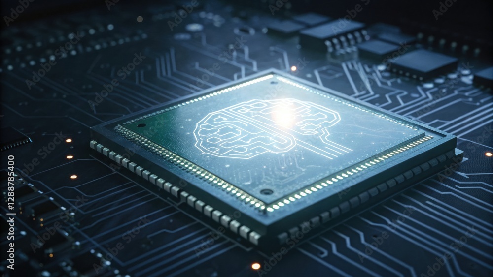 Poster ai brain on a chip: a high-tech depiction of an ai brain etched onto a computer chip, the image evok