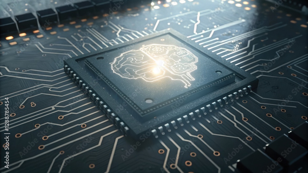 Aufkleber neural nexus: a vibrant conceptual illustration depicts a computer chip with a glowing brain graphic