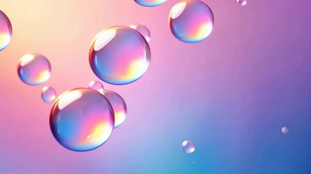Colorful iridescent bubbles floating against gradient background in mesmerizing motion