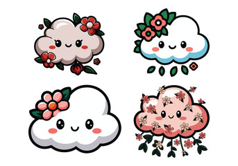 Kawaii Cloud Vectors: Cute Clouds with Flowers More Bring cuteness to your projects! This vector set includes adorable kawaii cloud illustrations, ideal for kids' materials and fun content.
