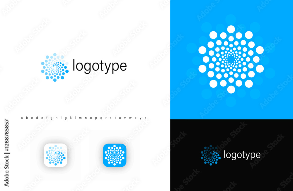 Poster abstract spiral dot logo symbolizing technology, data flow, digital innovation and water wave. perfe