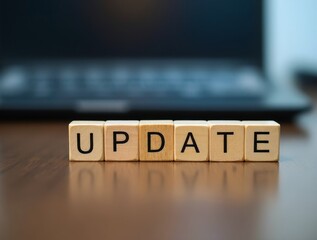 Wooden cubes showing update on desk with laptop in background