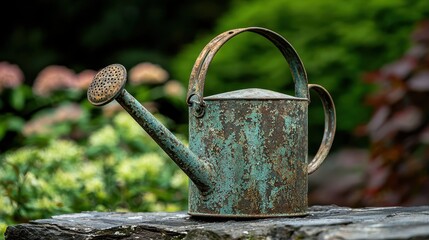 Vintage Watering Can with Unique Patina against Garden Backdrop