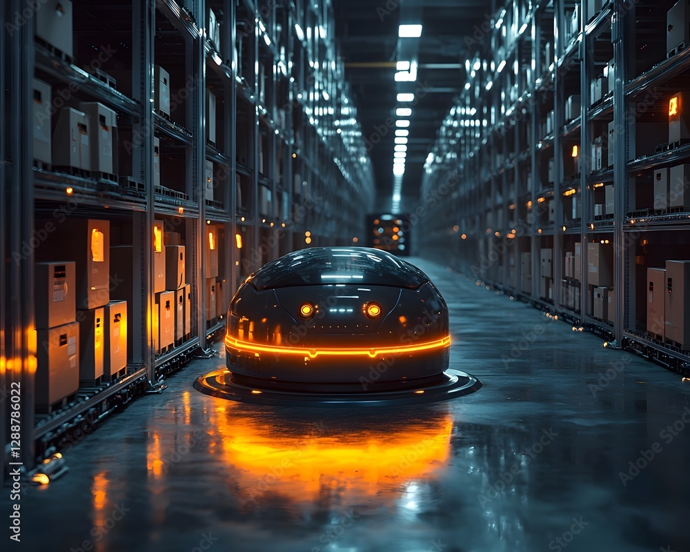 Poster automated warehouse with glowing robots stacking boxes symbolizing efficient supply chain process