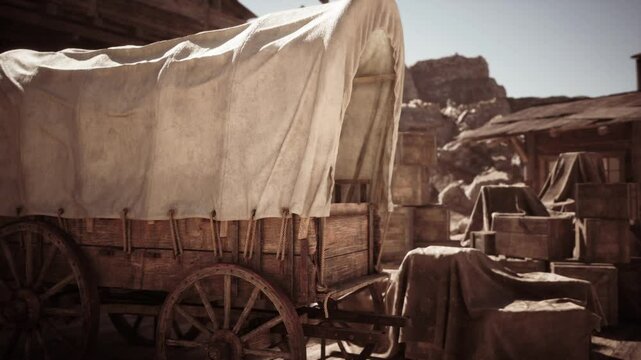 A weathered wooden wagon sits under a canvas cover in a dusty desert settlement. Nearby, rustic wooden crates and structures create an atmosphere of the wild west.