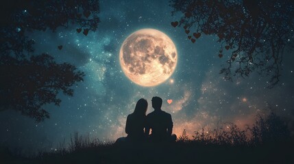 Couple gazing at night sky, young lovers sitting under full moon, surrounded by stars, perfect for romantic themes.