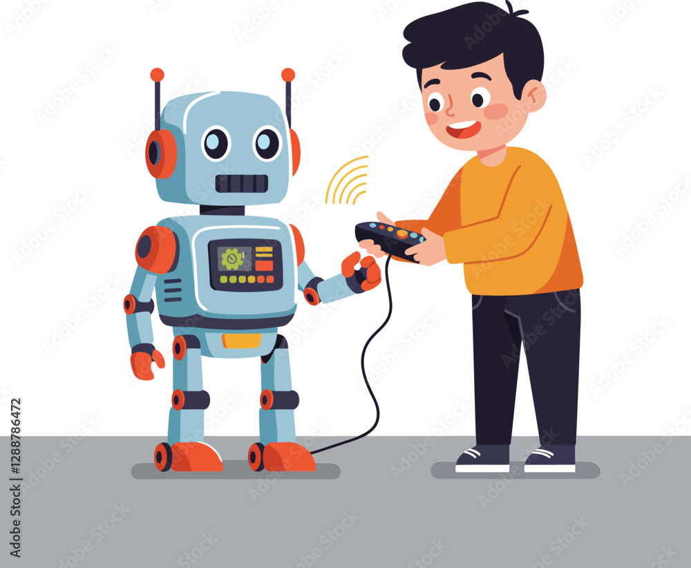 Poster robot and boy playing video game in flat and colorful vector art