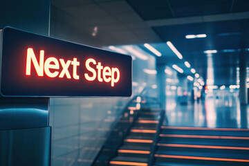 Illuminated 'Next Step' sign in a futuristic corridor with glowing blue lights and stairs, symbolizing progress and direction.