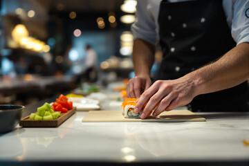 Chef rolls sushi with precision at an upscale restaurant, surrounded by fresh ingredients on a clean marble countertop. The setting is elegant and professional