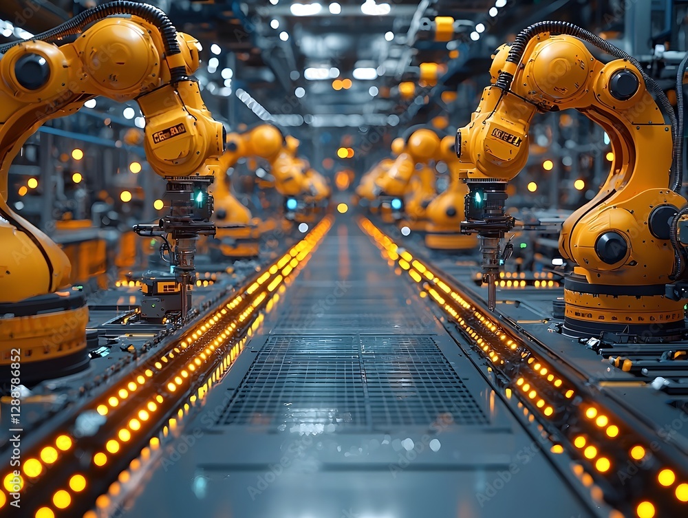Poster glowing automated assembly line in futuristic high tech factory with robotic