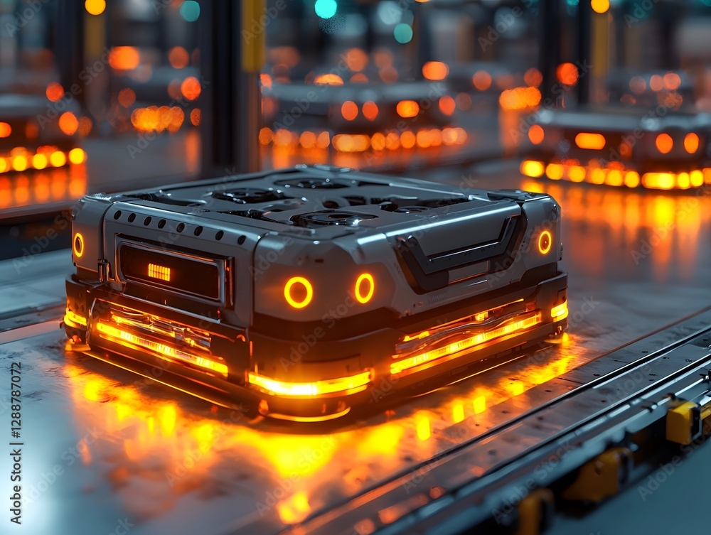 Poster vibrant autonomous warehouse optimization with glowing pallets and precision robotics