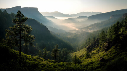 Fototapeta premium Sunrise over misty mountain valley, scenic vista