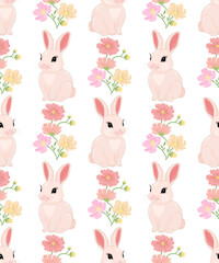 Lovely hand drawn Easter bunnies with flower seamless pattern beautiful background. Suitable for Easter cards, banner, textiles, wallpapers. Vector illustration.