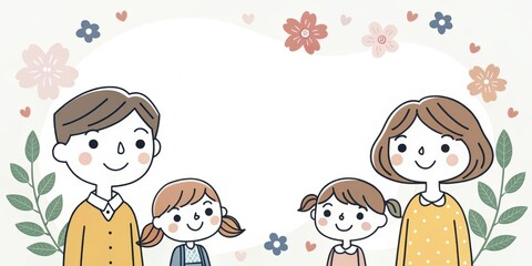 a cartoon family of four stands within a floral heart-shaped frame, radiating warmth and affection