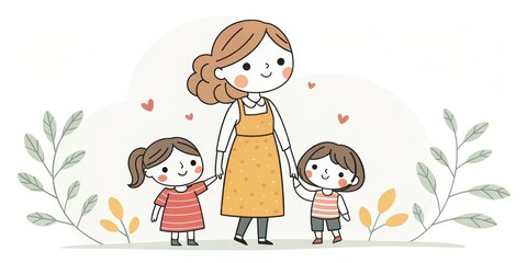 Fototapeta premium A mother and her two daughters with hearts in a heartwarming illustration