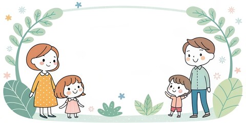 Fototapeta premium a charming family illustration with parents and children amidst nature-themed elements, evokes warmth and togetherness