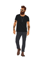 Fototapeta premium Stylish man in street fashion outfit. Bearded guy wearing modern casual clothes, black jeans, t-shirt, sunglasses with tattoo. Vector realistic illustration isolated
