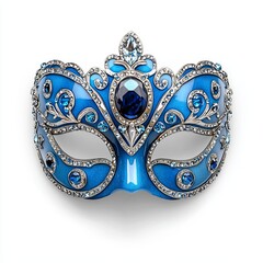 A decorative blue masquerade mask adorned with intricate silver designs and sparkling gems, perfect for festivities and themed events.