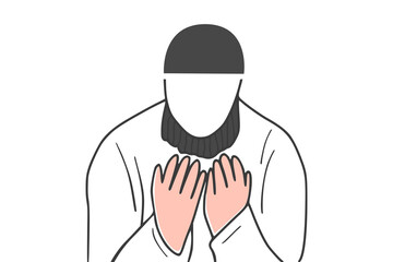 Muslim hands raised up to praying (dua) and supplication to almighty for forgiveness. Islamic religion illustration.